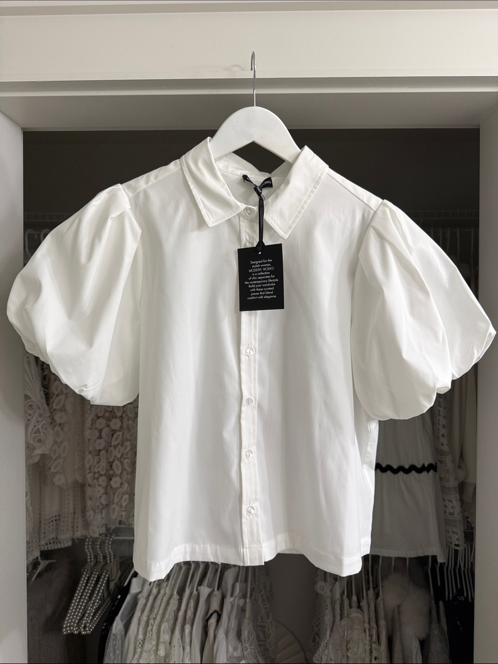MODERN WORKS White Puff-Sleeve Button-Front Point Collar Shirt LARGE